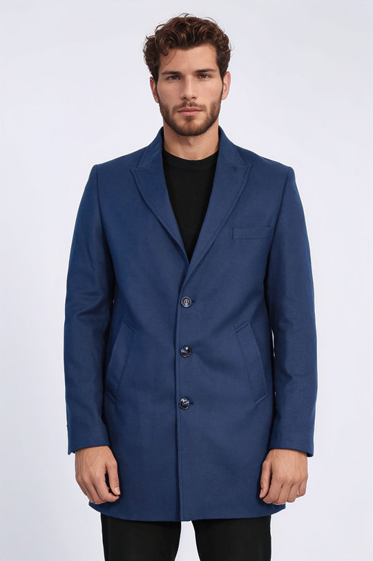 Manteau Homme Bleu Uni Revers 3 Boutons - Wessi