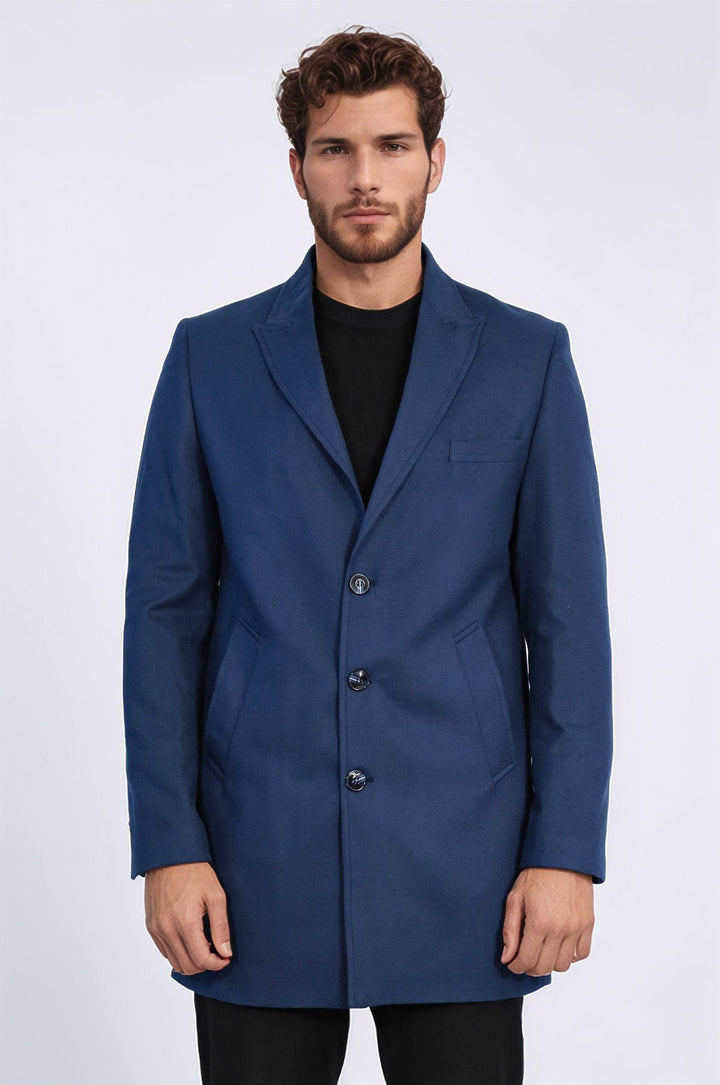 Plain Peak Lapel 3 Buttons Blue Men Coat - Wessi