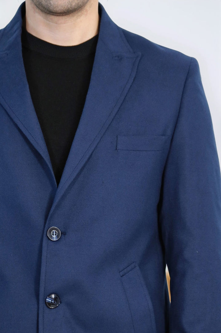 Plain Peak Lapel 3 Buttons Blue Men Coat - Wessi
