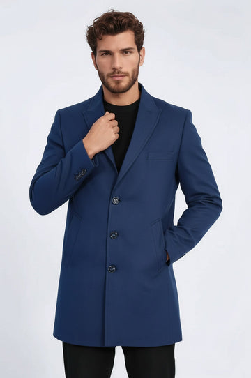 Manteau Homme Bleu Uni Revers 3 Boutons - Wessi
