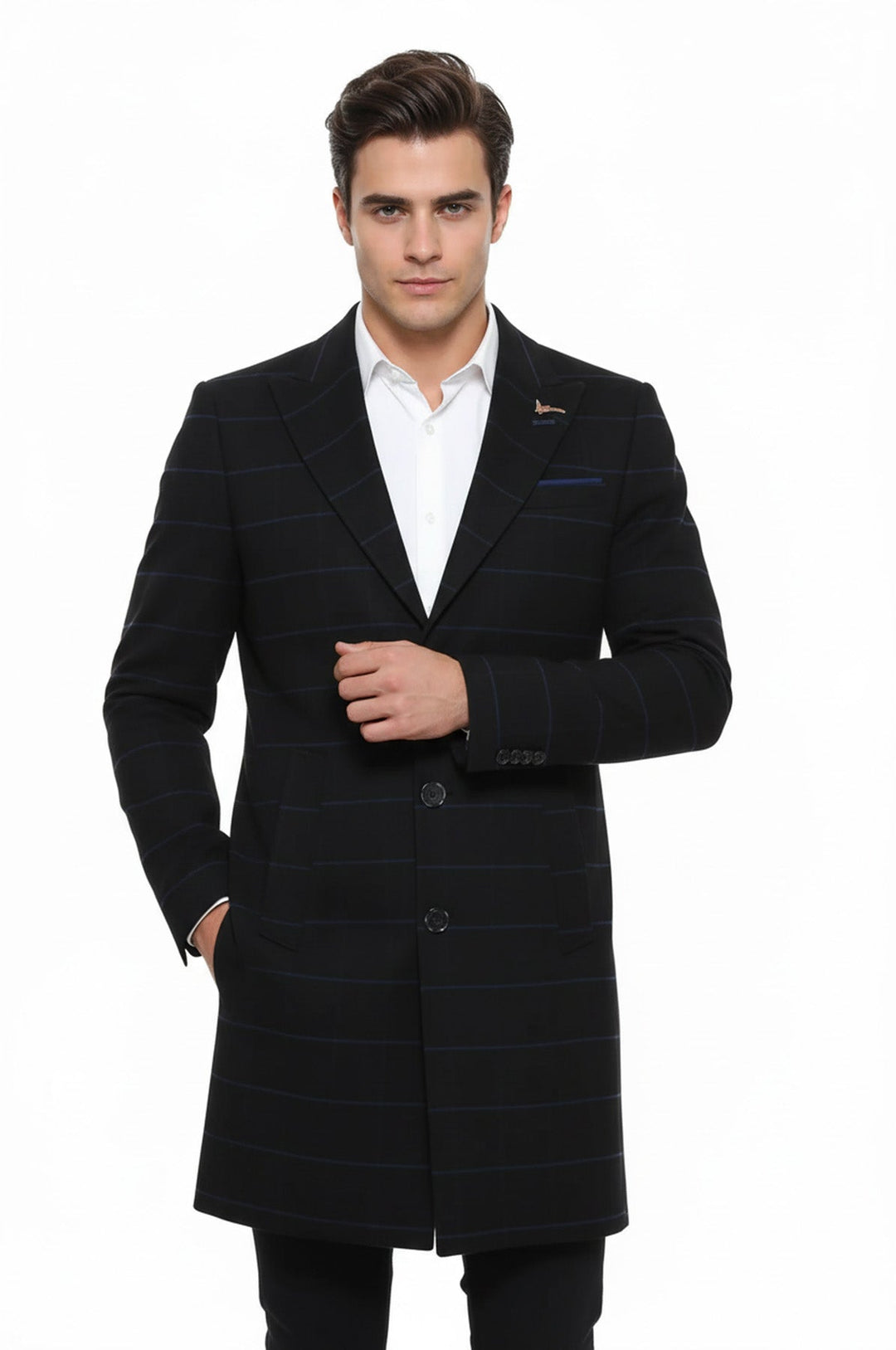 Wide Pointed Collar Black Men Coat - Wessi
