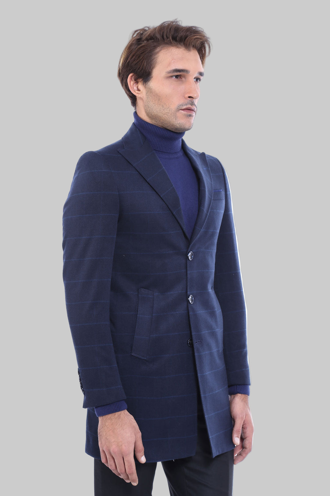 Wide Pointed Collar Navy Blue Plaid Coat - Wessi