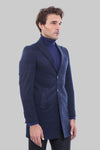 Wide Pointed Collar Navy Blue Plaid Coat - Wessi