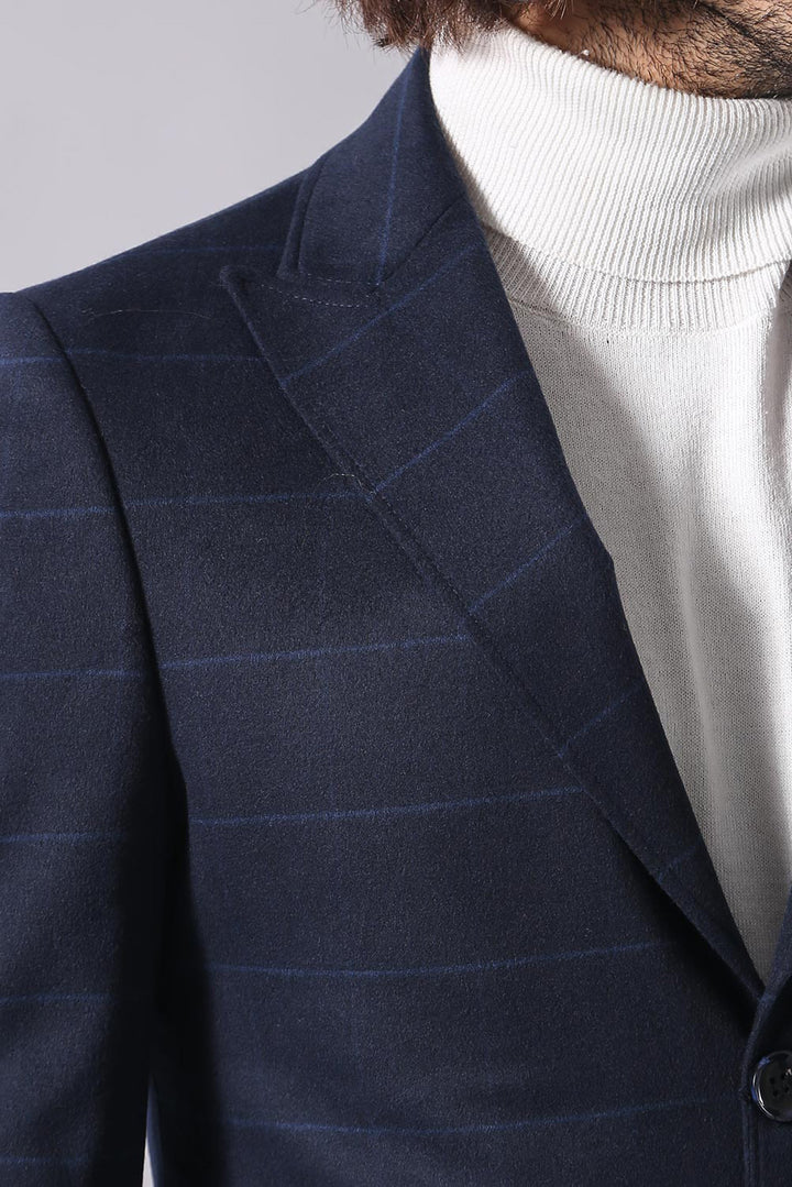 Wide Pointed Collar Navy Blue Plaid Coat - Wessi