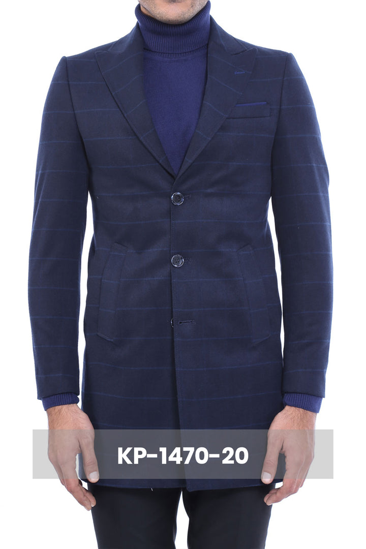 Wide Pointed Collar Navy Blue Plaid Coat - Wessi