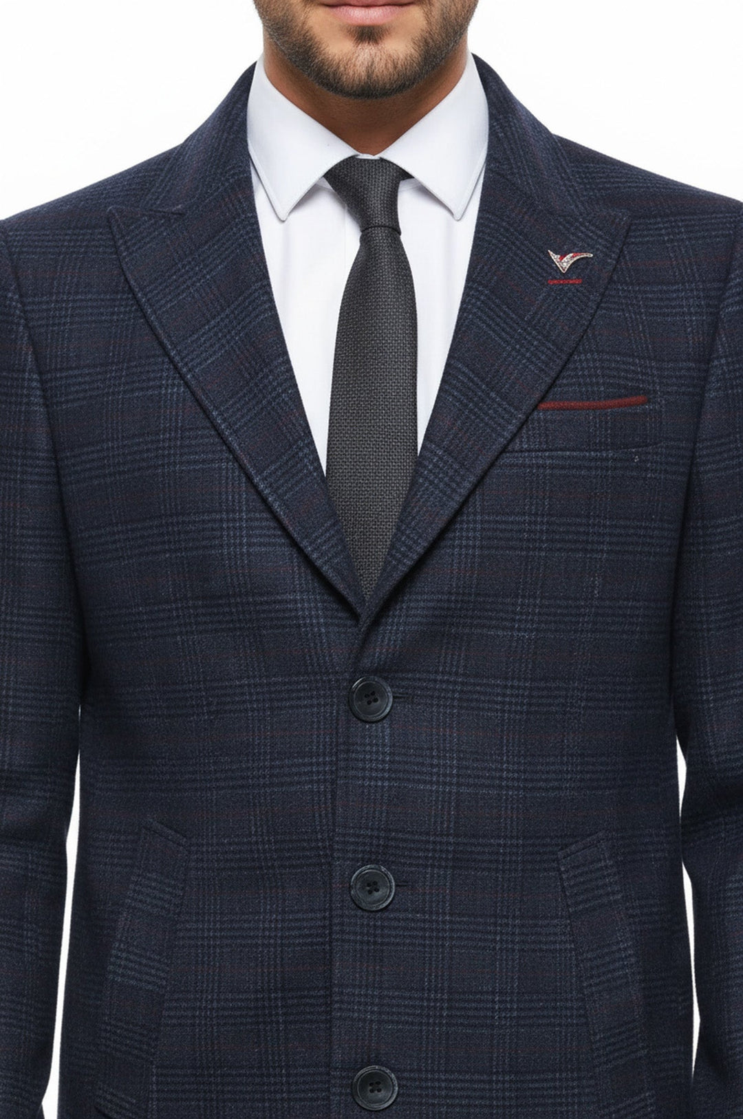 Wide Pointed Collar Blue Men Coat - Wessi