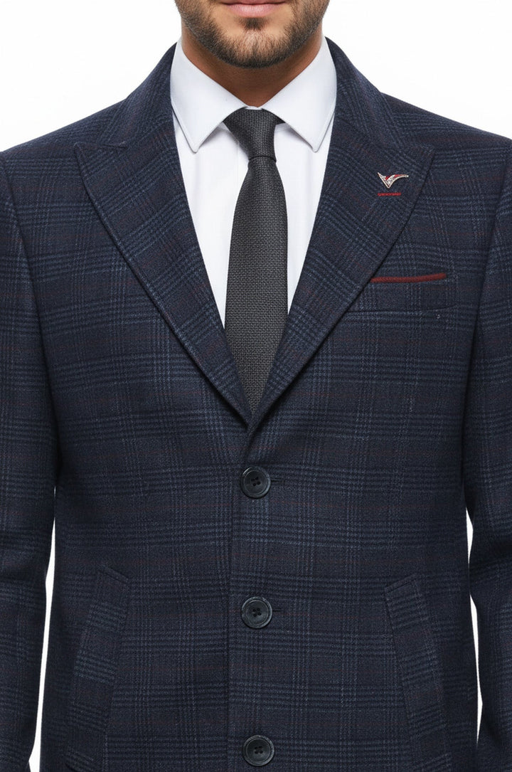 Wide Pointed Collar Blue Men Coat - Wessi