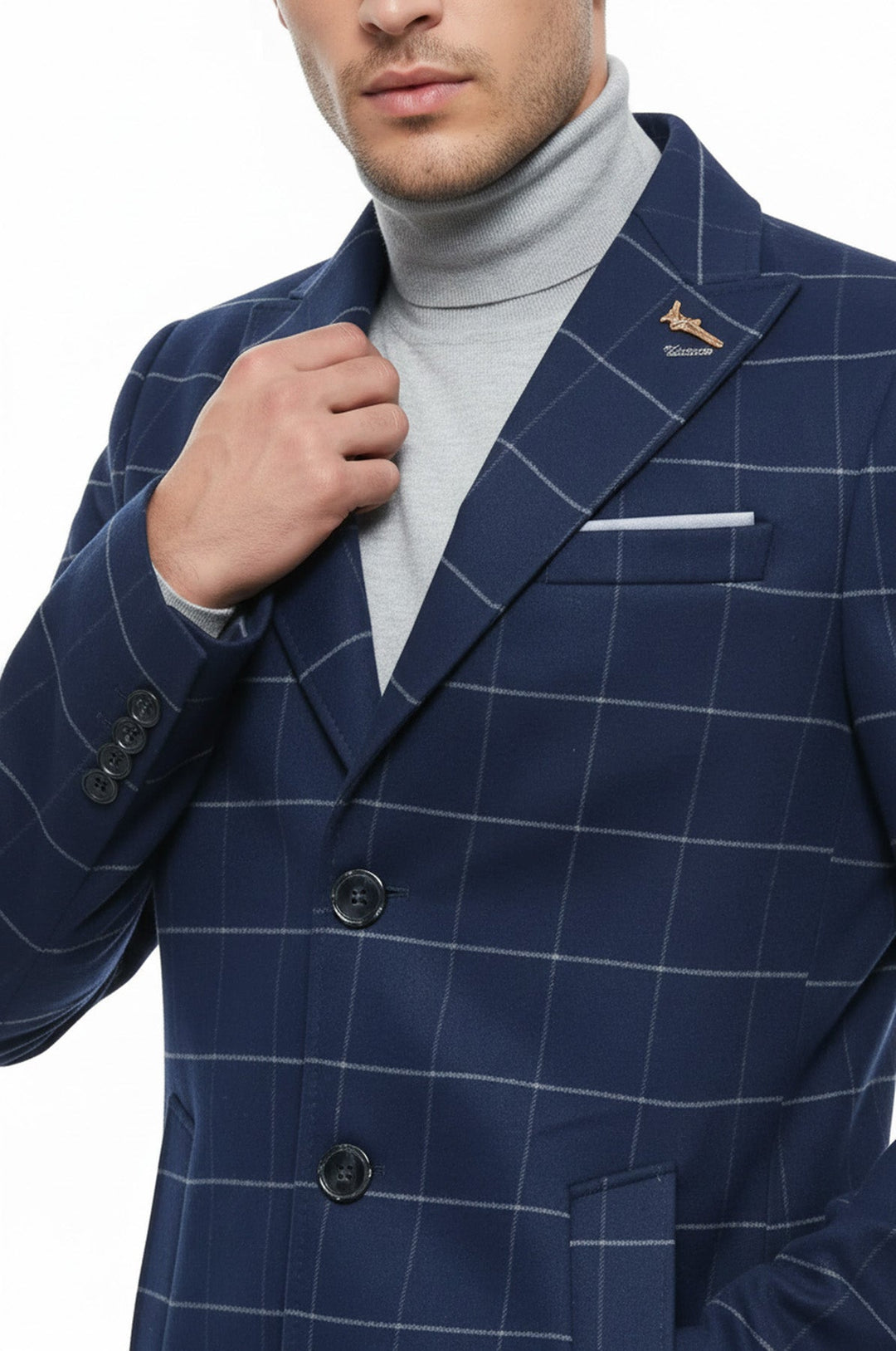 Wide Pointed Collar Indigo Men Coat - Wessi