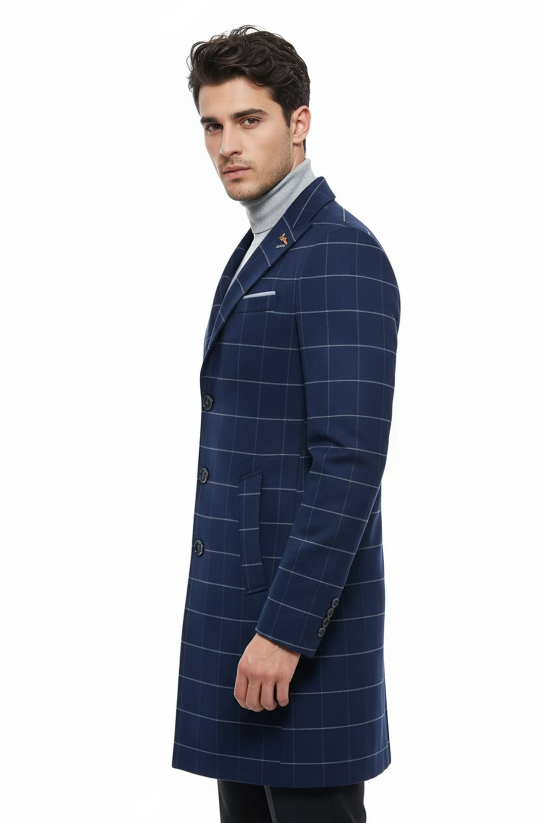 Wide Pointed Collar Indigo Men Coat - Wessi