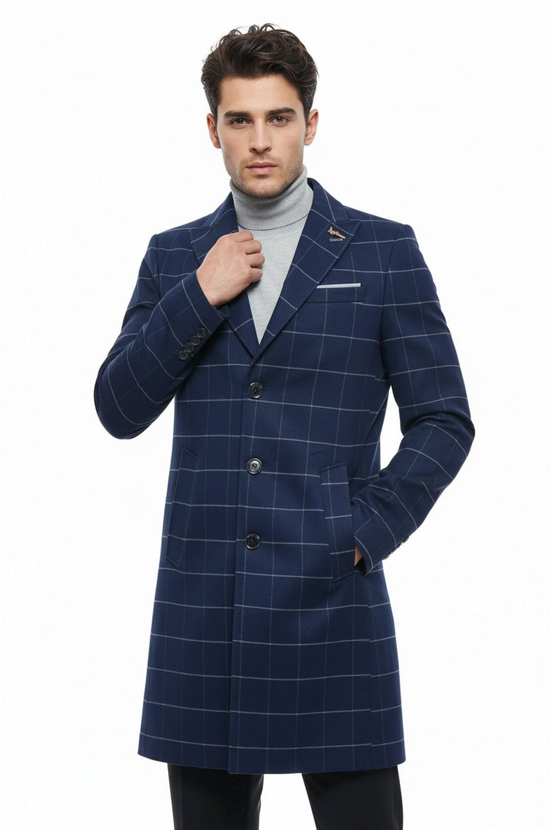 Wide Pointed Collar Indigo Men Coat - Wessi