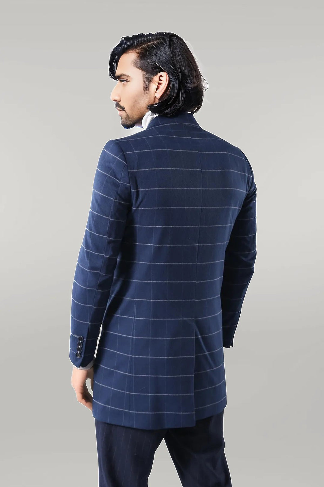 Wide Pointed Collar Indigo Men Coat - Wessi