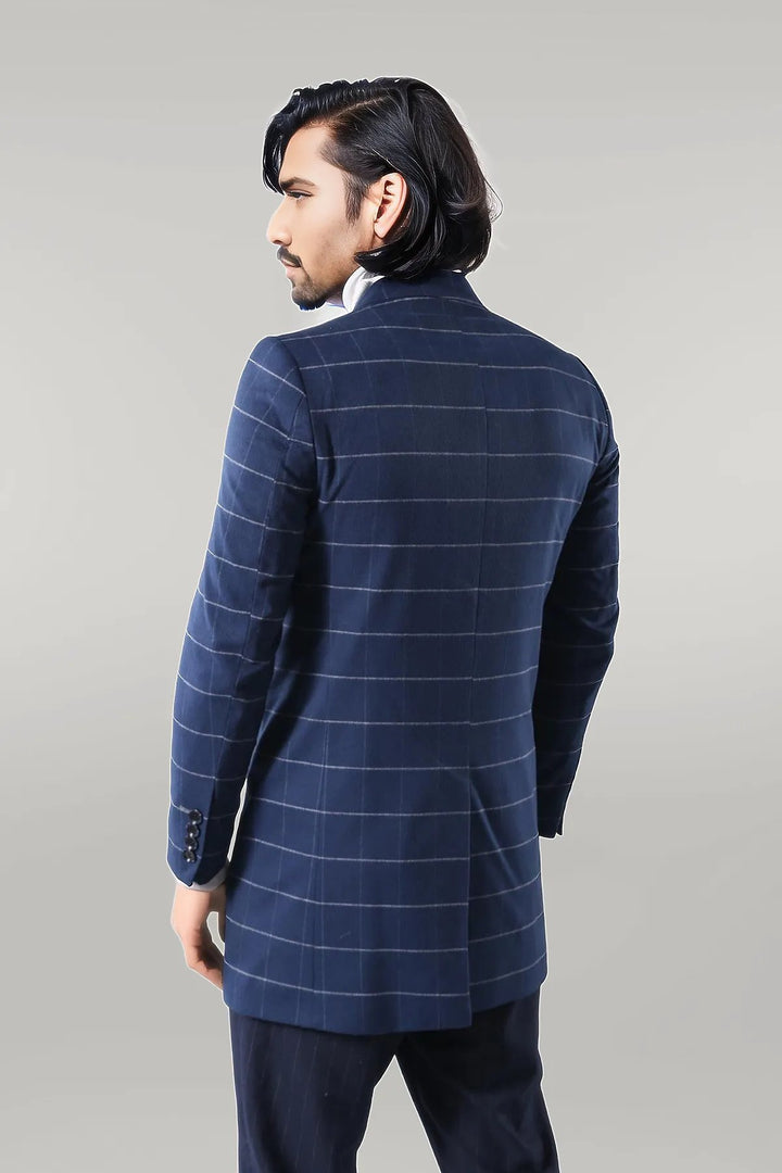 Wide Pointed Collar Indigo Men Coat - Wessi