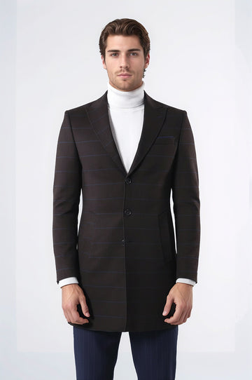 Wide Pointed Collar Brown Men Coat - Wessi