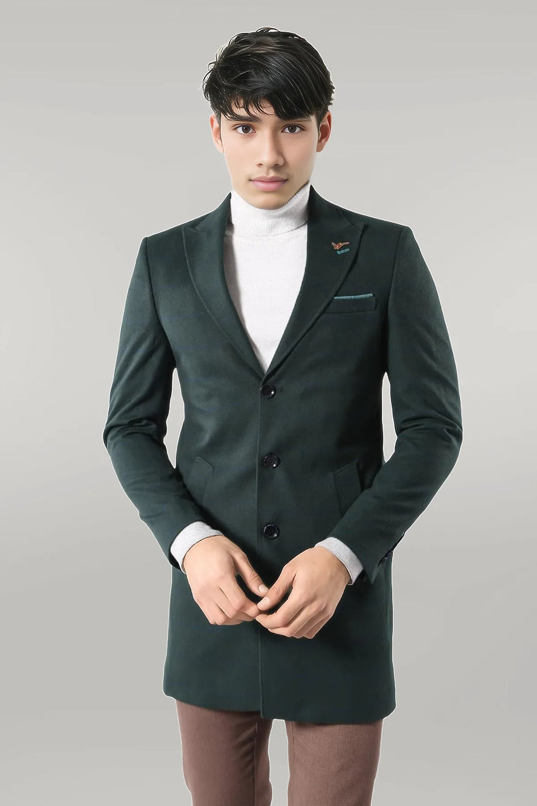 Wide Pointed Collar Green Men Coat - Wessi