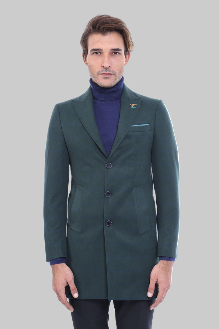 Wide Pointed Collar Green Men Coat - Wessi