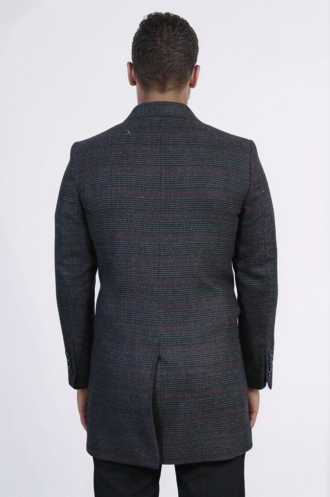 Wide Pointed Collar Anthracitic Plaid Coat - Wessi