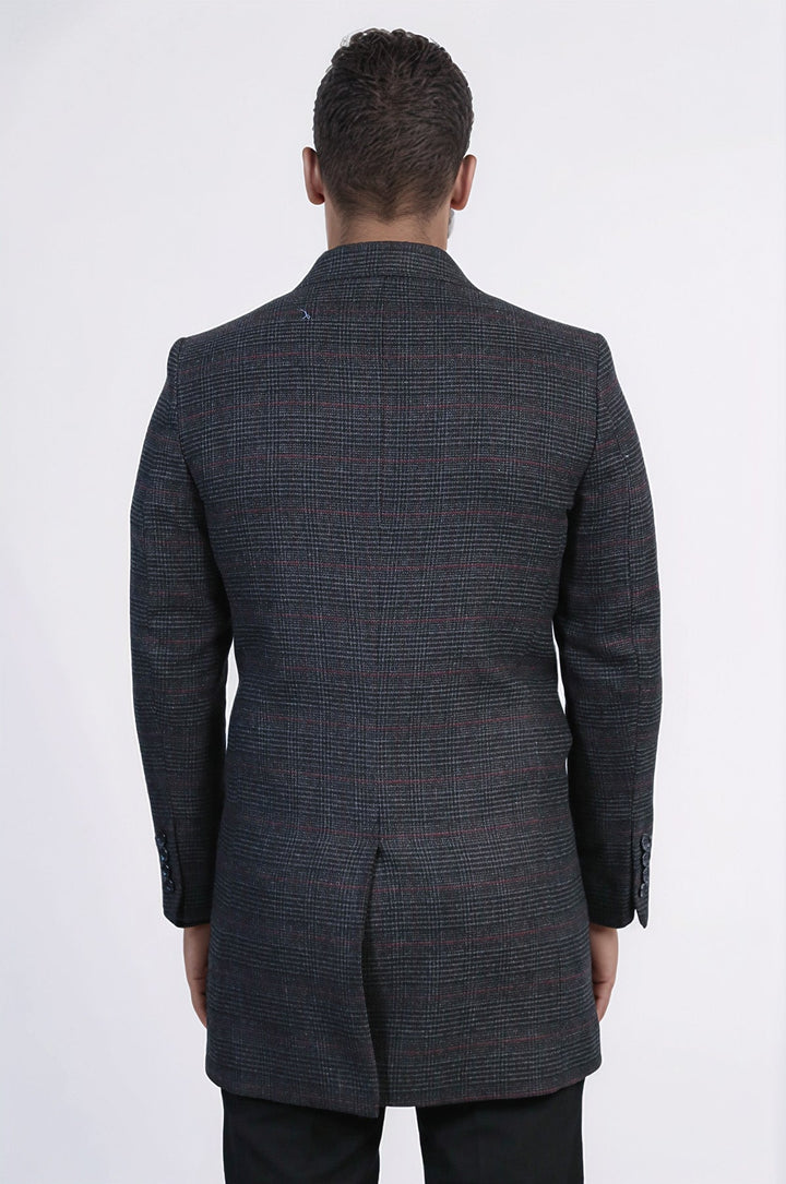 Wide Pointed Collar Anthracitic Plaid Coat - Wessi