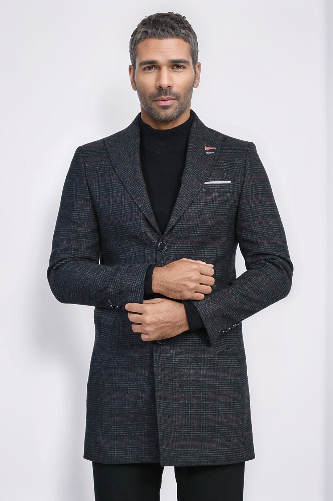 Wide Pointed Collar Anthracitic Plaid Coat - Wessi