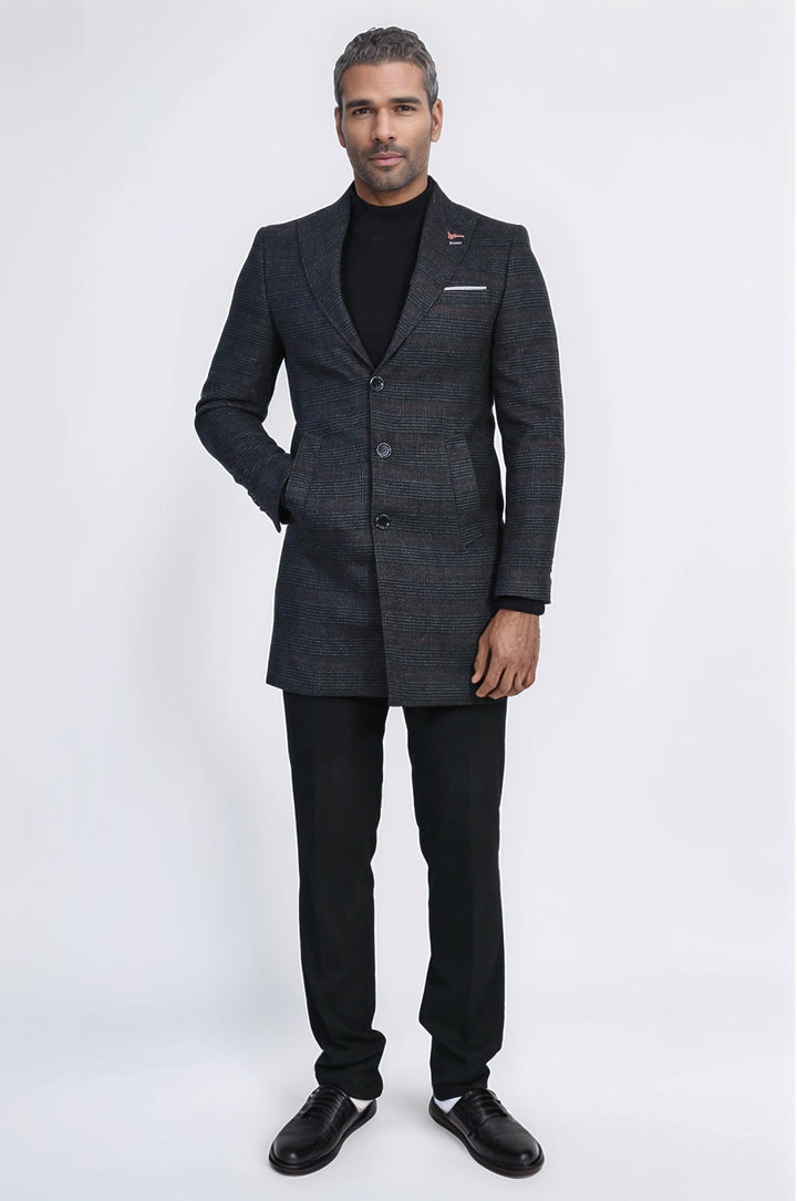 Wide Pointed Collar Anthracitic Plaid Coat - Wessi