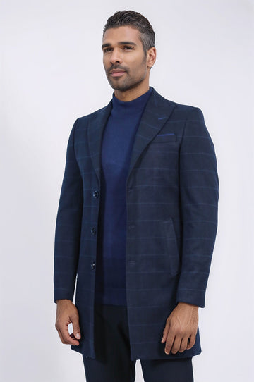 Wide Pointed Collar Navy Blue Plaid Coat - Wessi