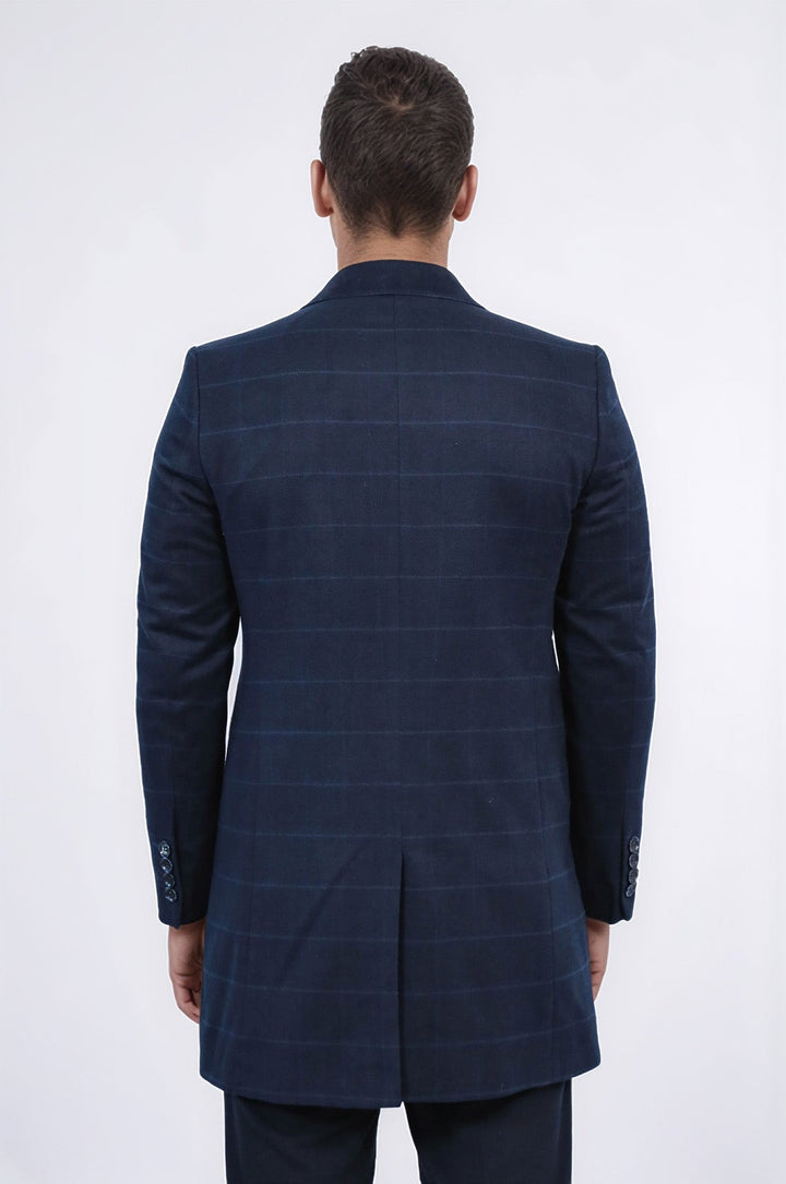 Wide Pointed Collar Navy Blue Plaid Coat - Wessi