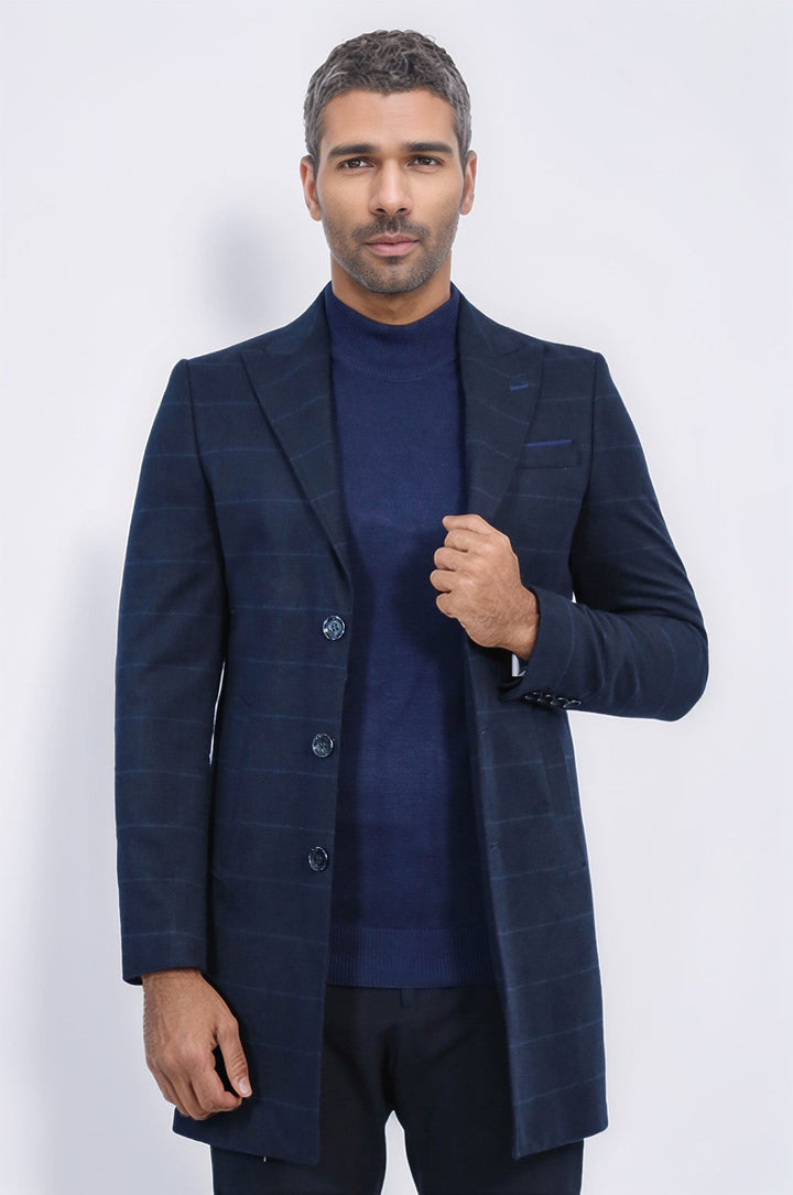 Wide Pointed Collar Navy Blue Plaid Coat - Wessi