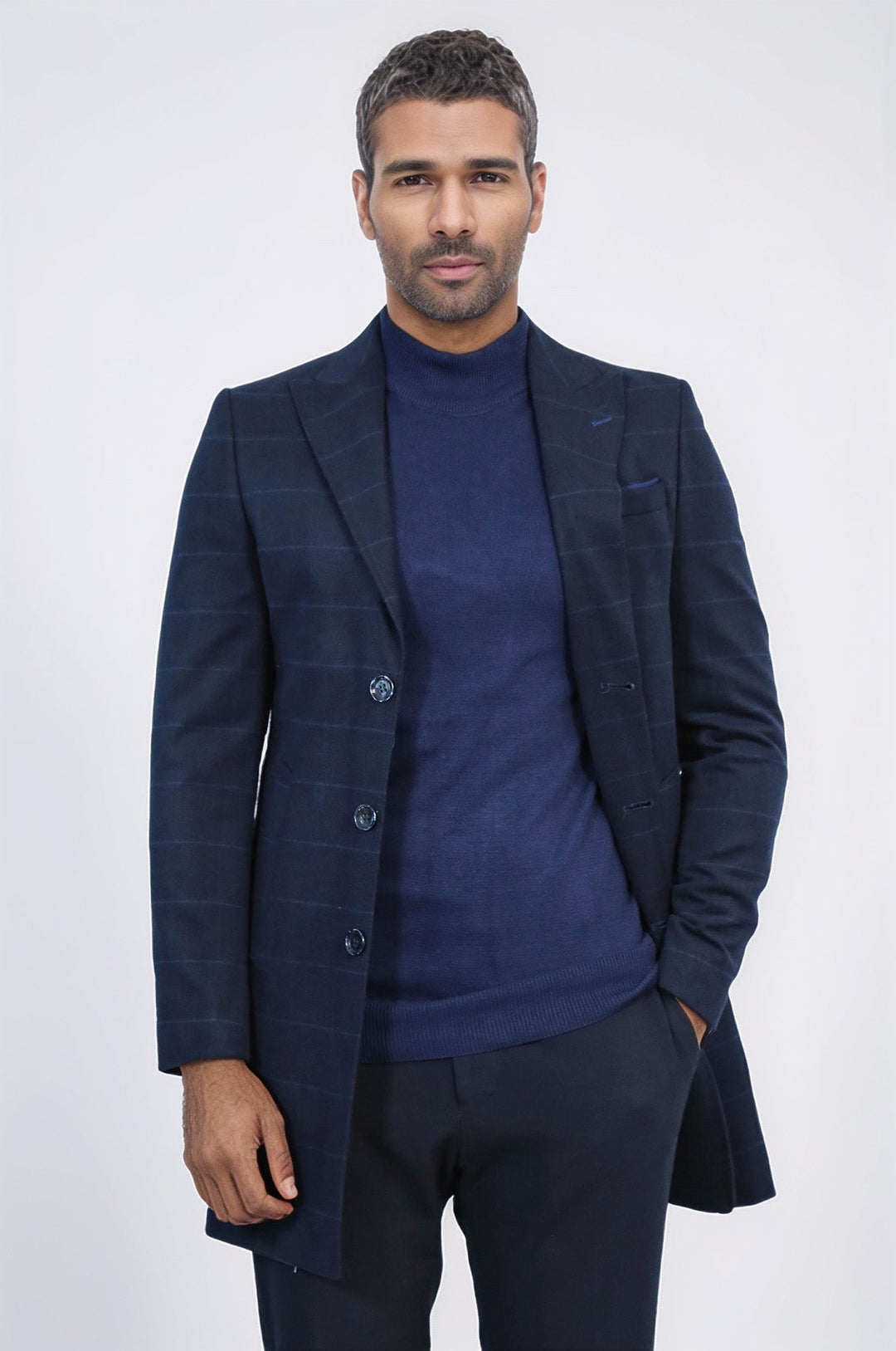 Wide Pointed Collar Navy Blue Plaid Coat - Wessi