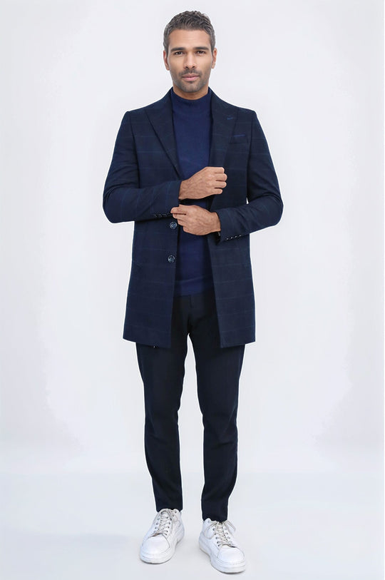 Wide Pointed Collar Navy Blue Plaid Coat - Wessi