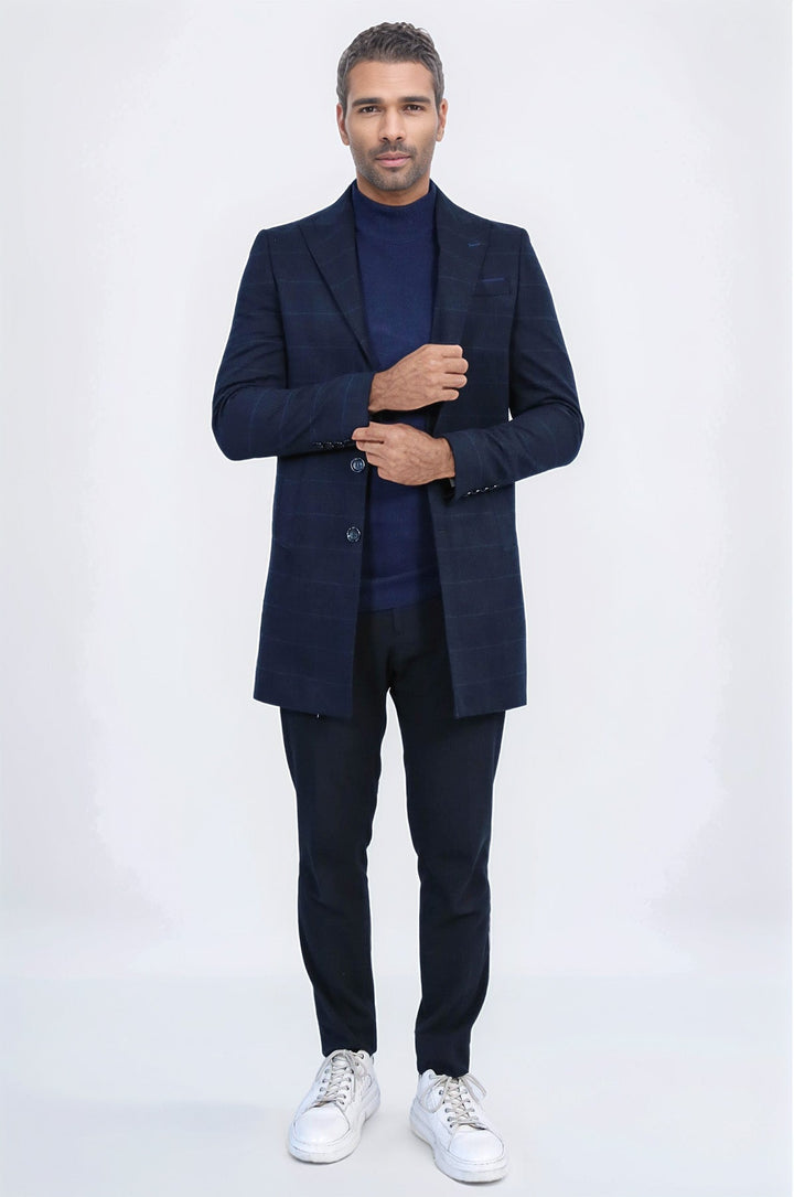 Wide Pointed Collar Navy Blue Plaid Coat - Wessi