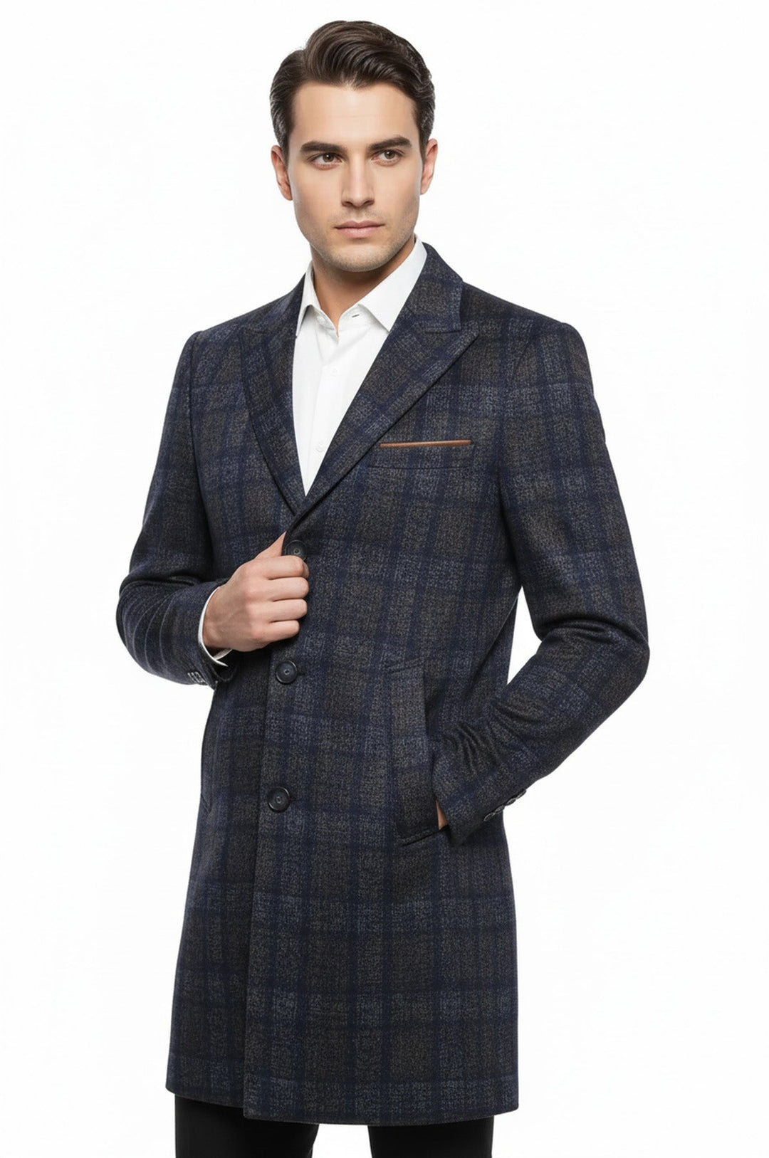 Plaid Over Knee Smoked Men Coat - Wessi