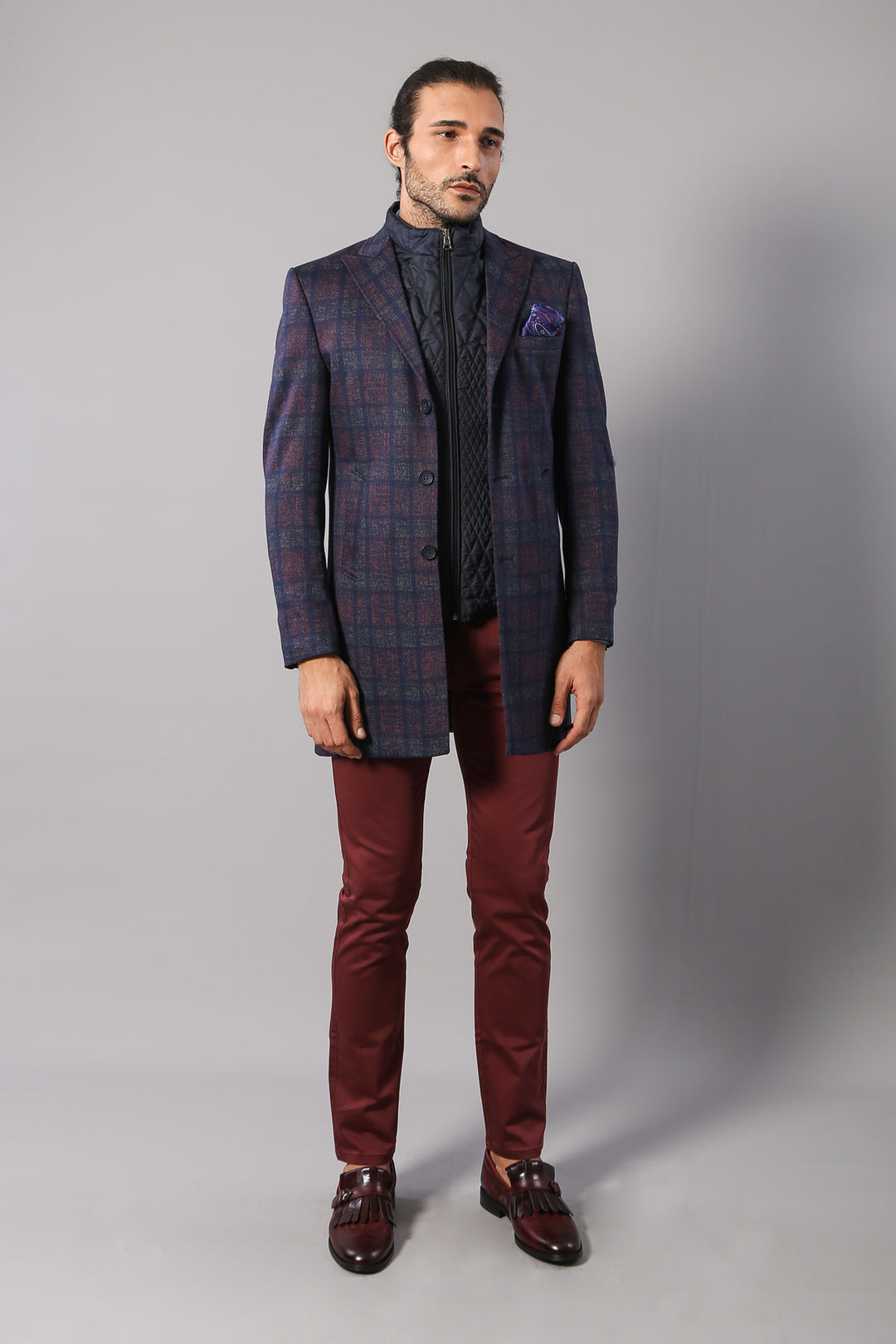 Cappotto da uomo bordeaux scozzese doppiopetto - Wessi