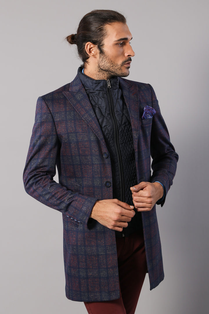 Double-Breasted Plaid Burgundy Men Coat - Wessi