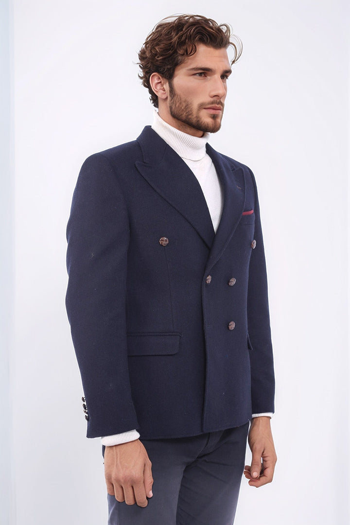 Mens Double Breasted Slim Fit Navy Blue Blazer - Wessi