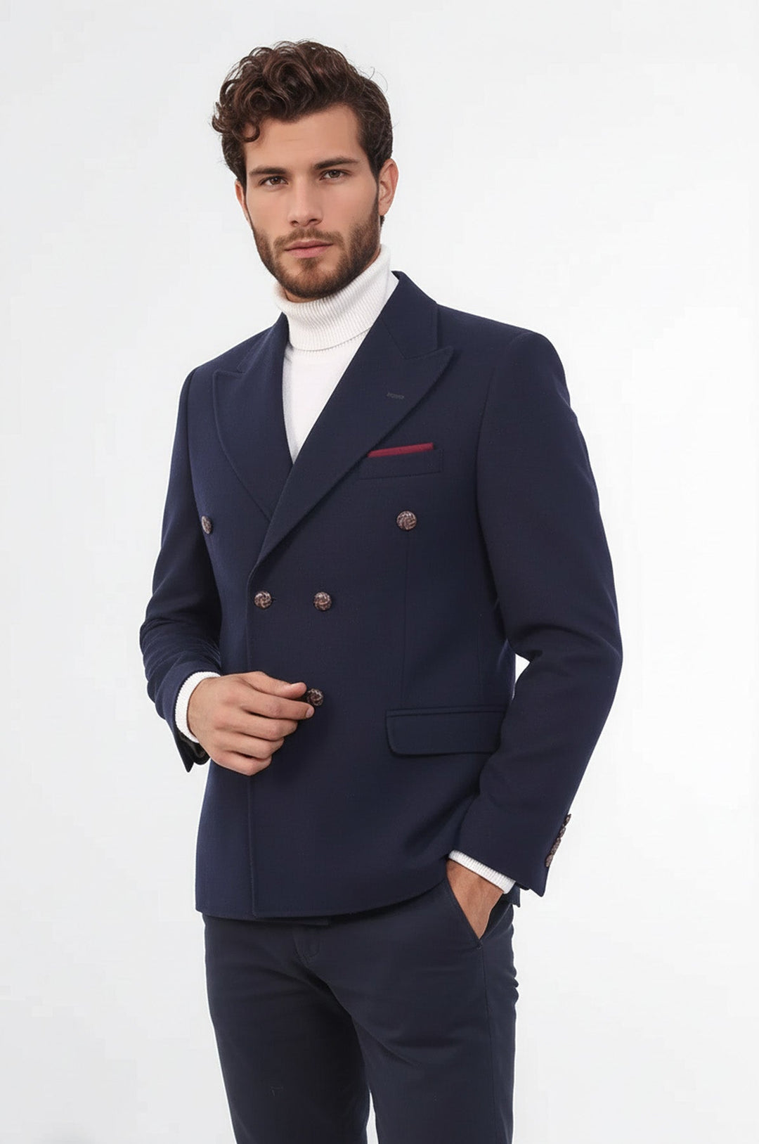 Mens Double Breasted Slim Fit Navy Blue Blazer - Wessi
