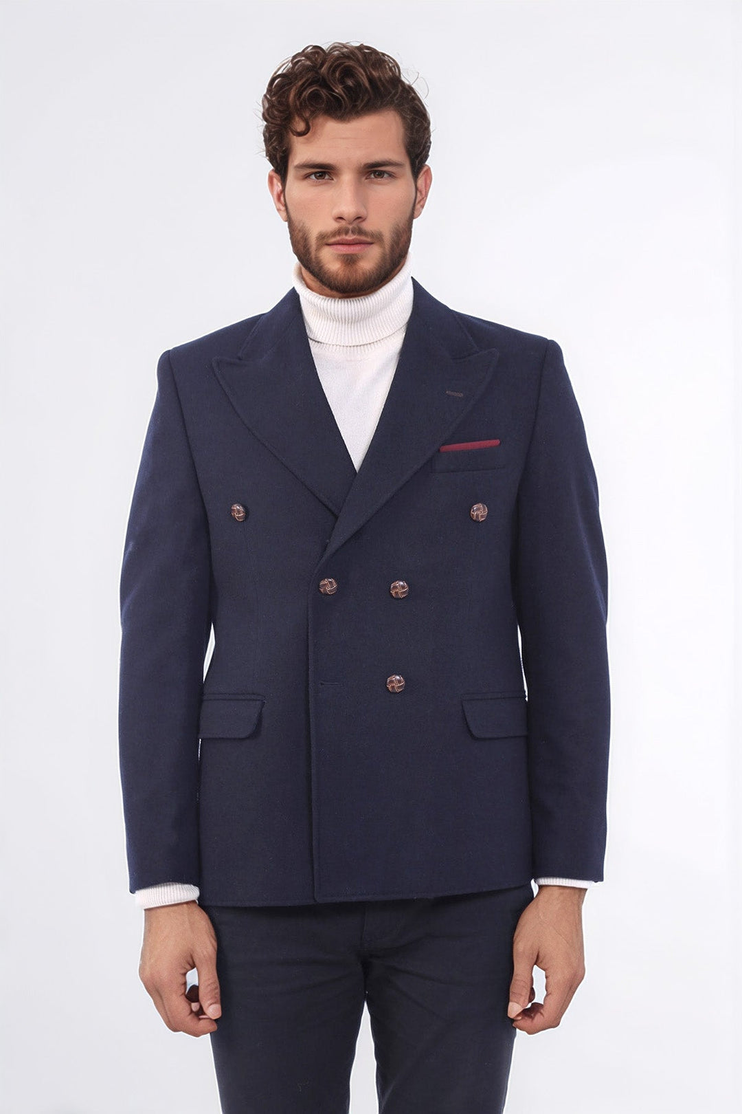 Mens Double Breasted Slim Fit Navy Blue Blazer - Wessi