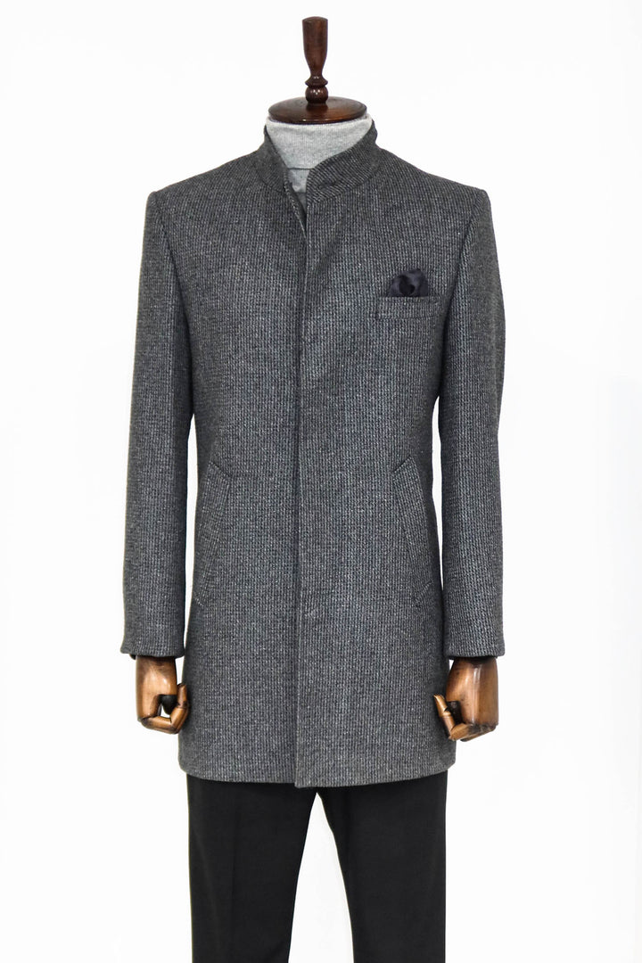 Standing Collar Patterned Grey Men Coat - Wessi