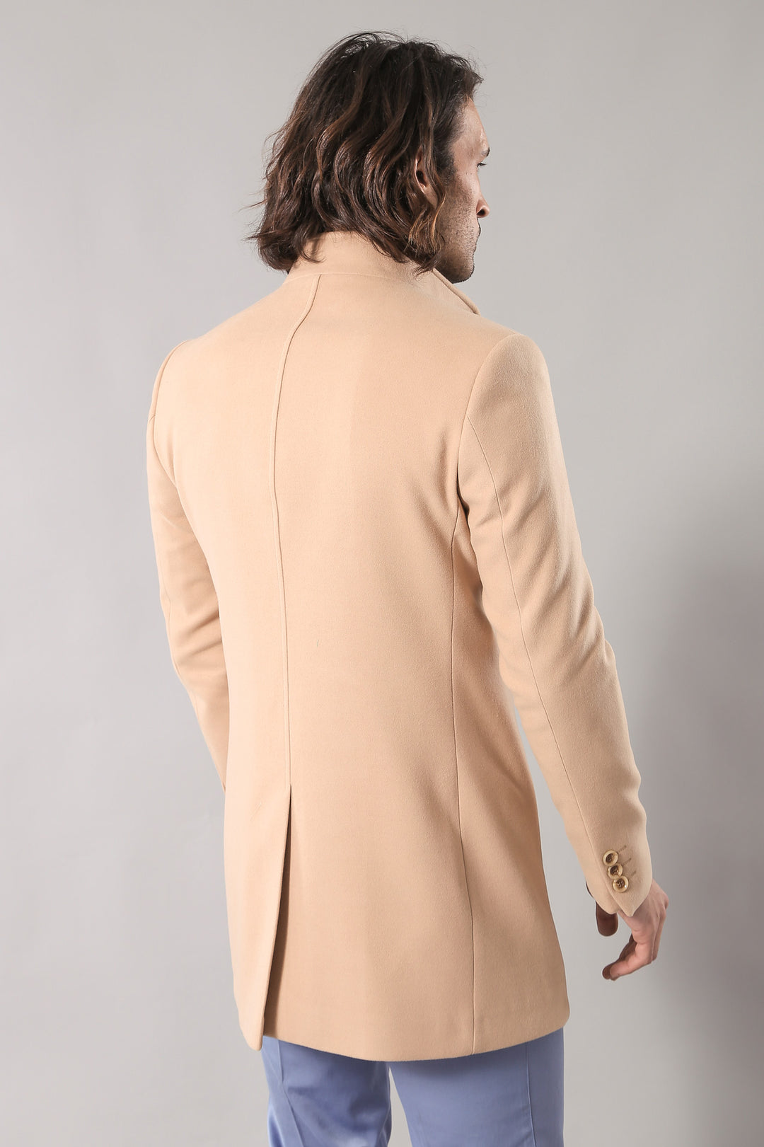 Mandarin Collar Beige Men's Long Men's Coat | Wessi