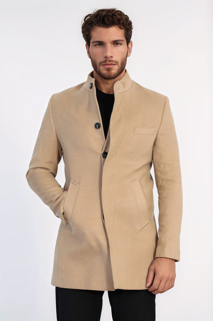 Mandarin Collar Beige Men's Long Men's Coat | Wessi