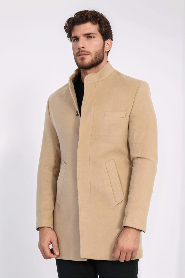 Mandarin Collar Beige Men's Long Men's Coat | Wessi