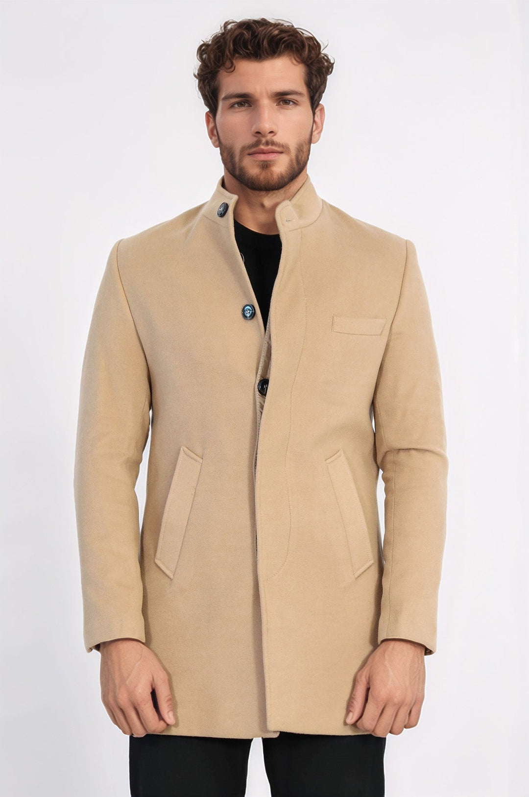 Mandarin Collar Beige Men's Long Men's Coat | Wessi