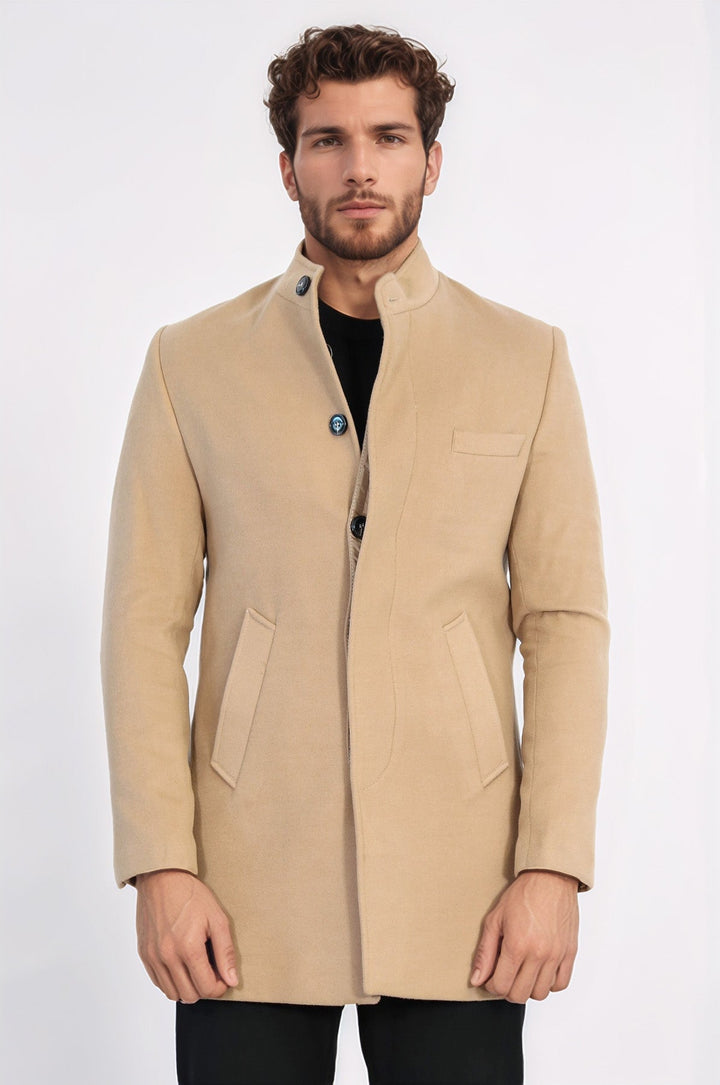 Mandarin Collar Beige Men's Long Men's Coat | Wessi