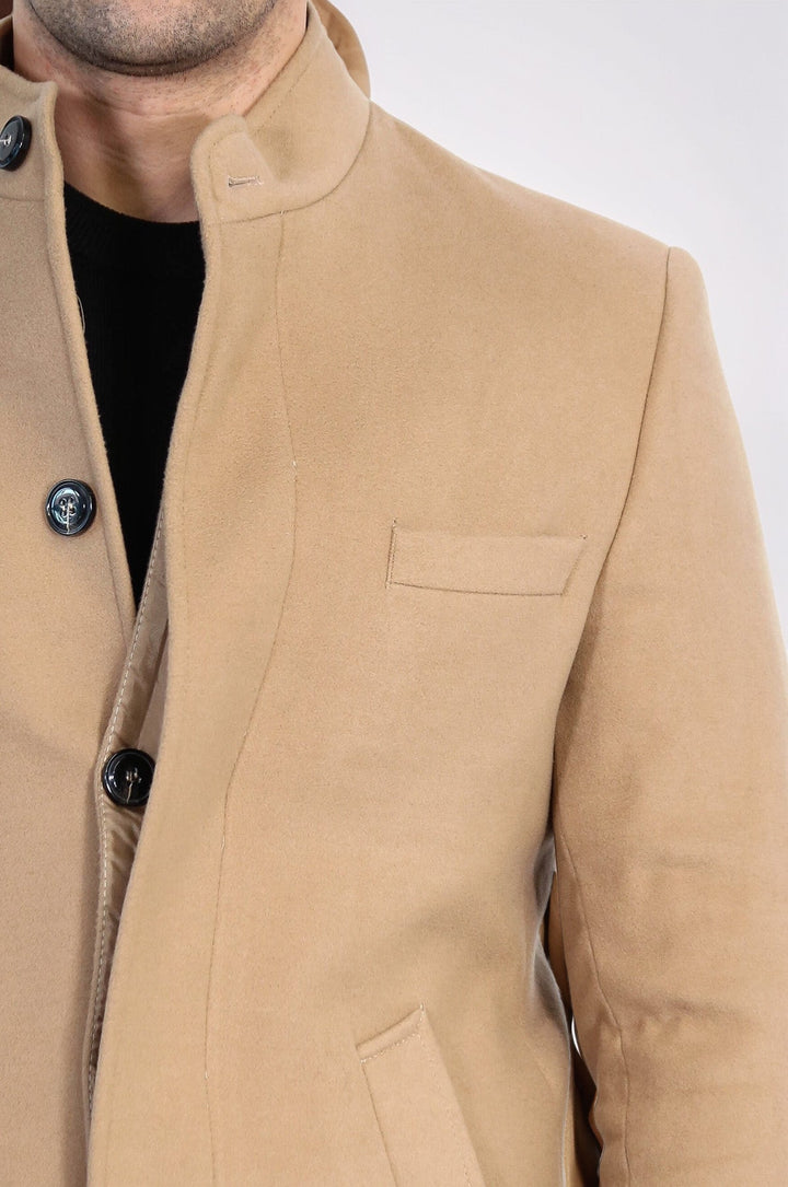 Mandarin Collar Beige Men's Long Men's Coat | Wessi