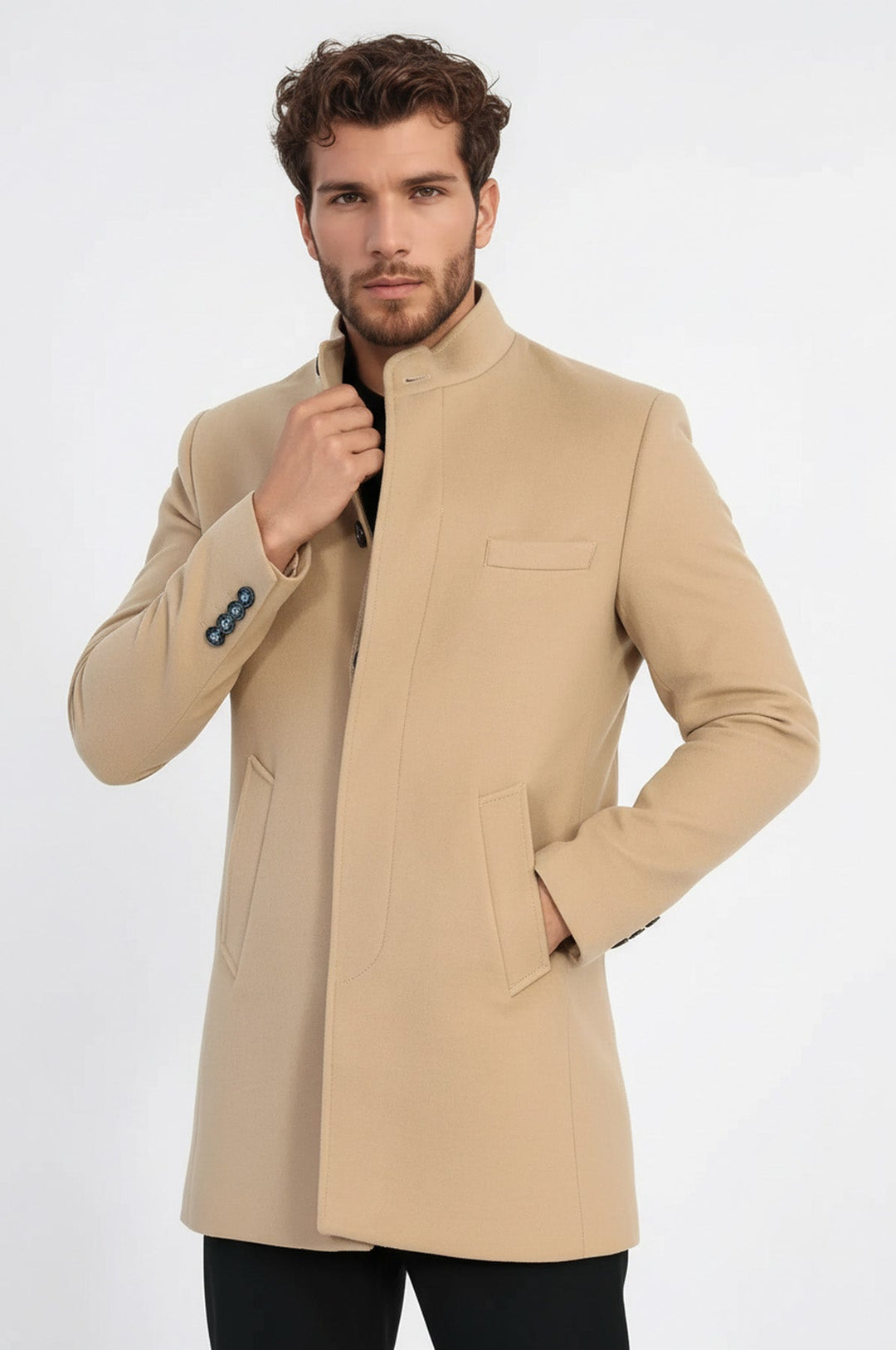 Mandarin Collar Beige Men's Long Men's Coat | Wessi