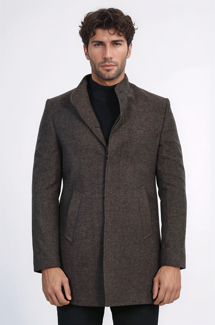 Mandarin Collar Brown Short Coat - Wessi