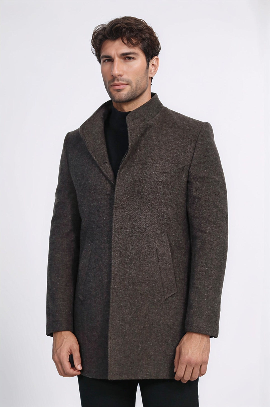 Mandarin Collar Brown Short Coat - Wessi