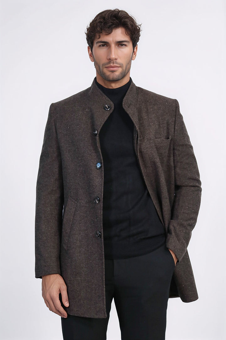 Mandarin Collar Brown Short Coat - Wessi