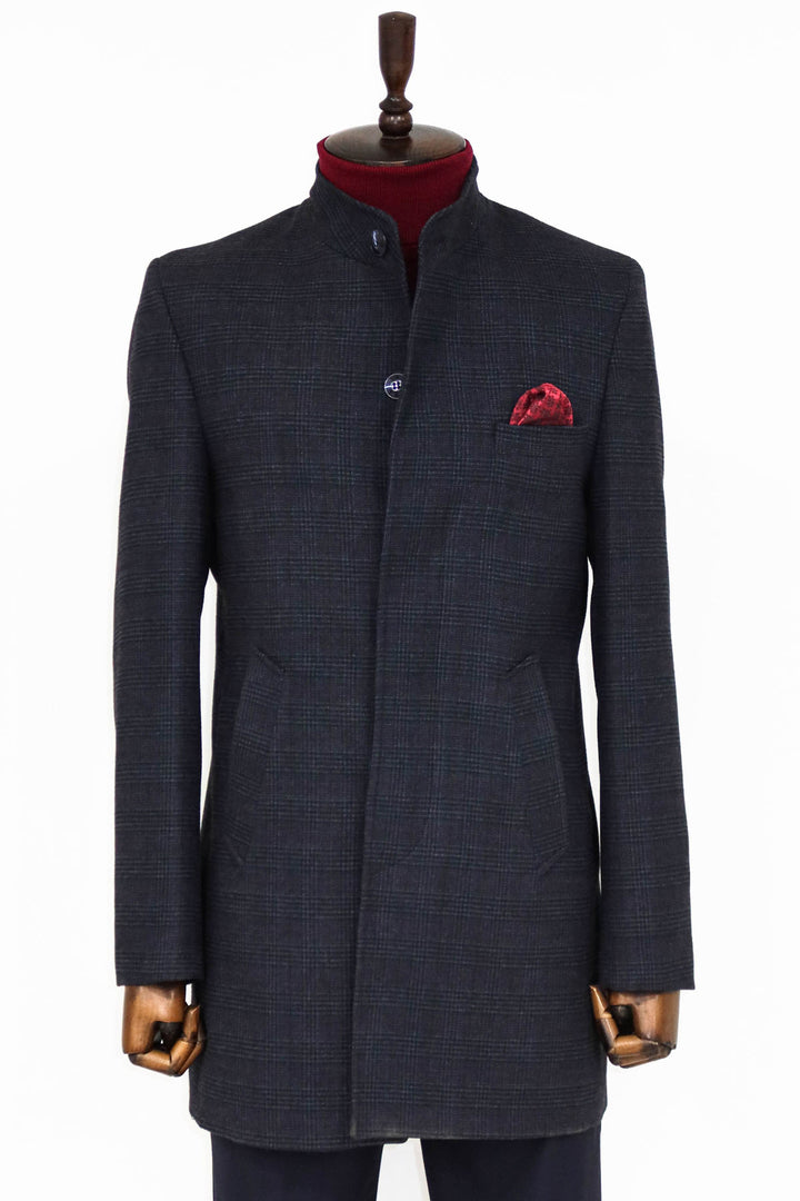 Standing Collar Checked Navy Blue Men Coat - Wessi