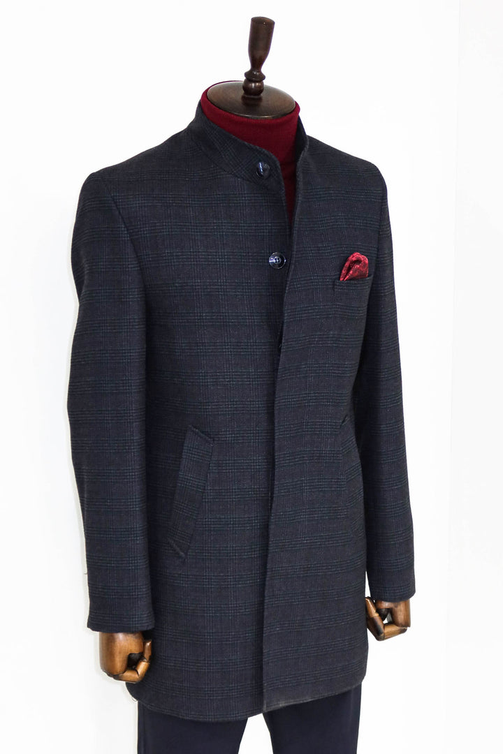 Standing Collar Checked Navy Blue Men Coat - Wessi