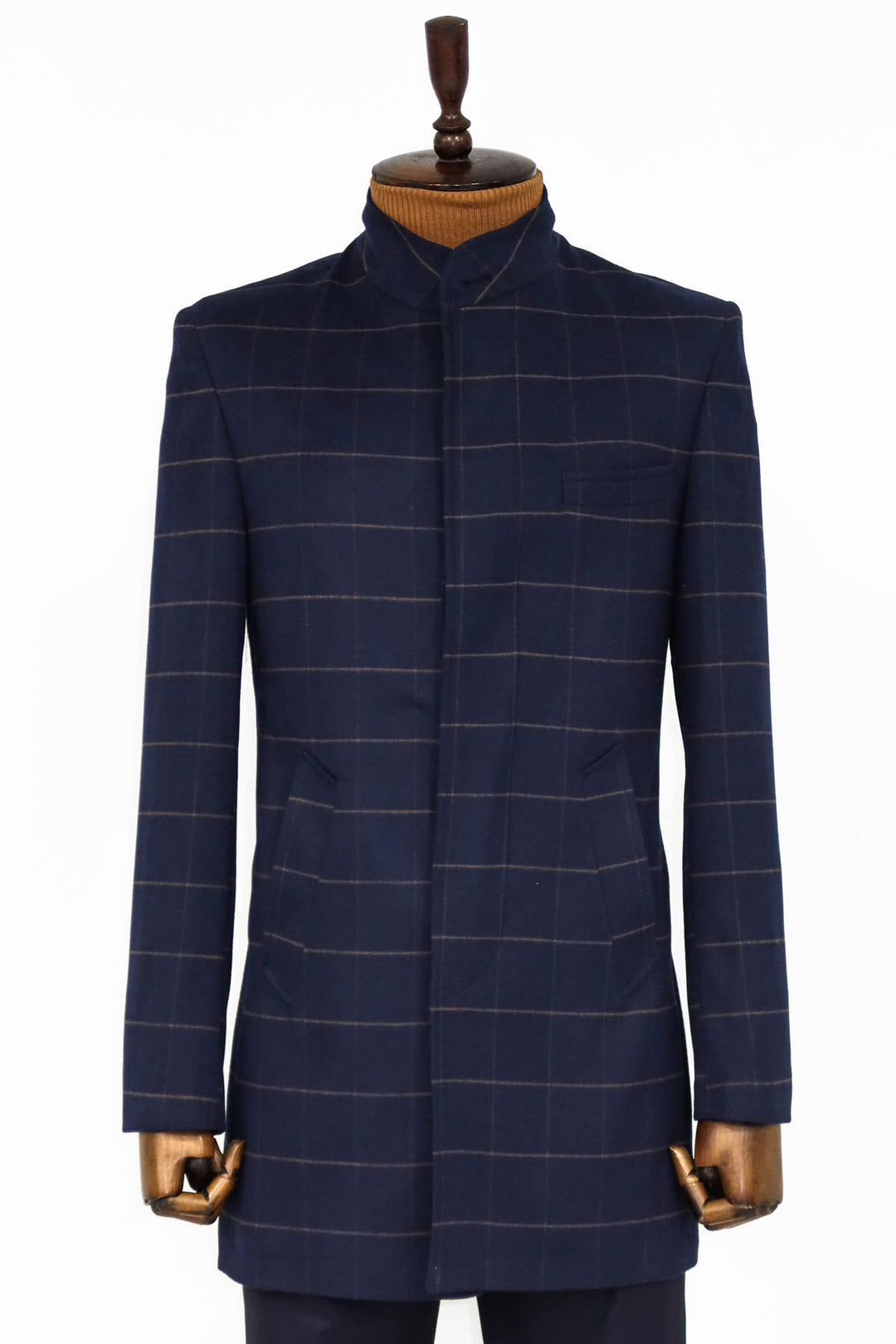 Plaid Standing Collar Navy Blue Men Coat - Wessi