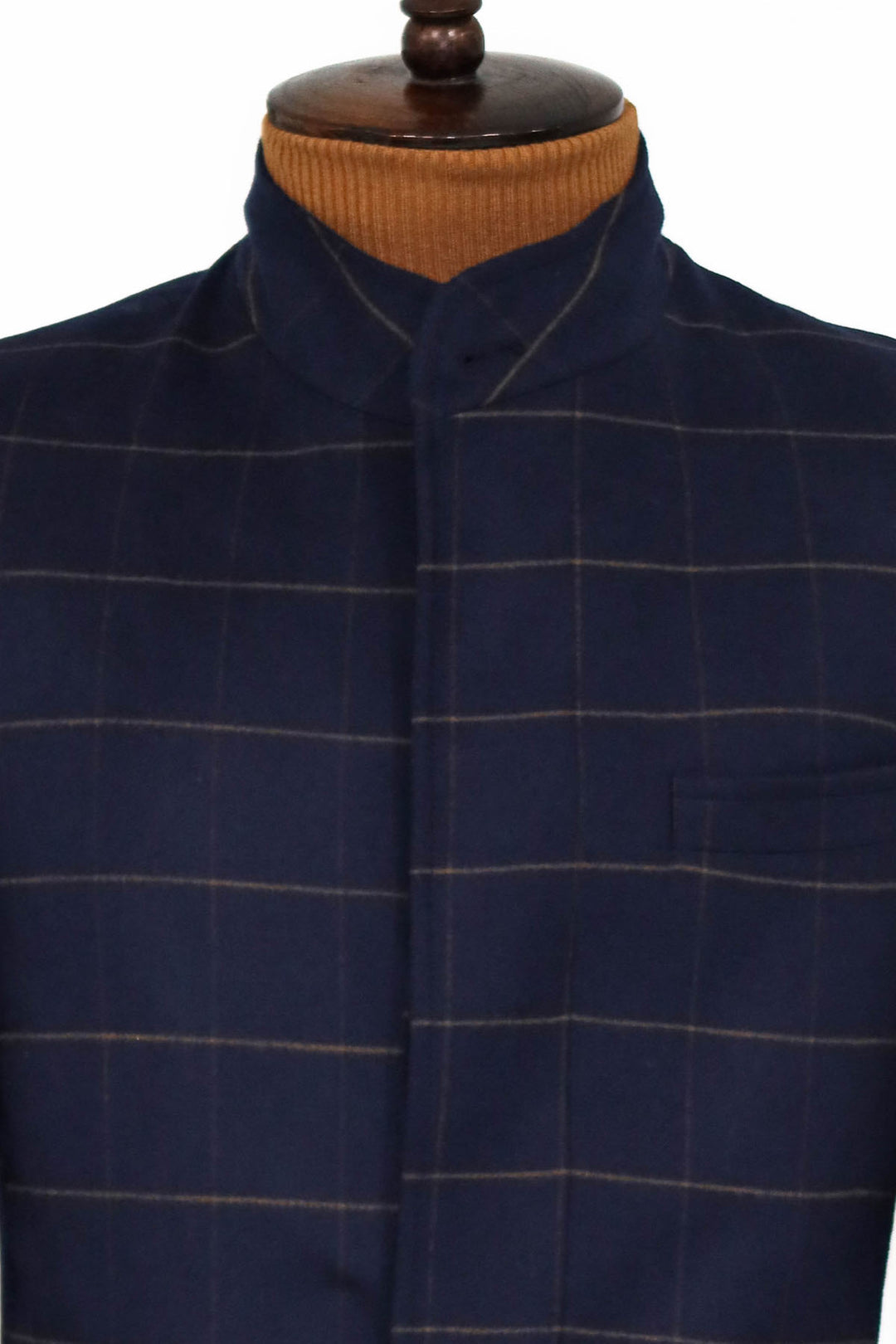 Plaid Standing Collar Navy Blue Men Coat - Wessi